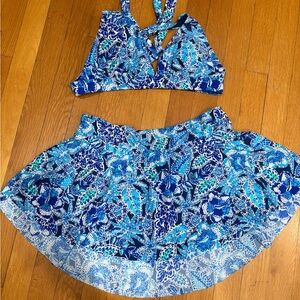 Blue Floral Bikini Top and Skirt Swim Set